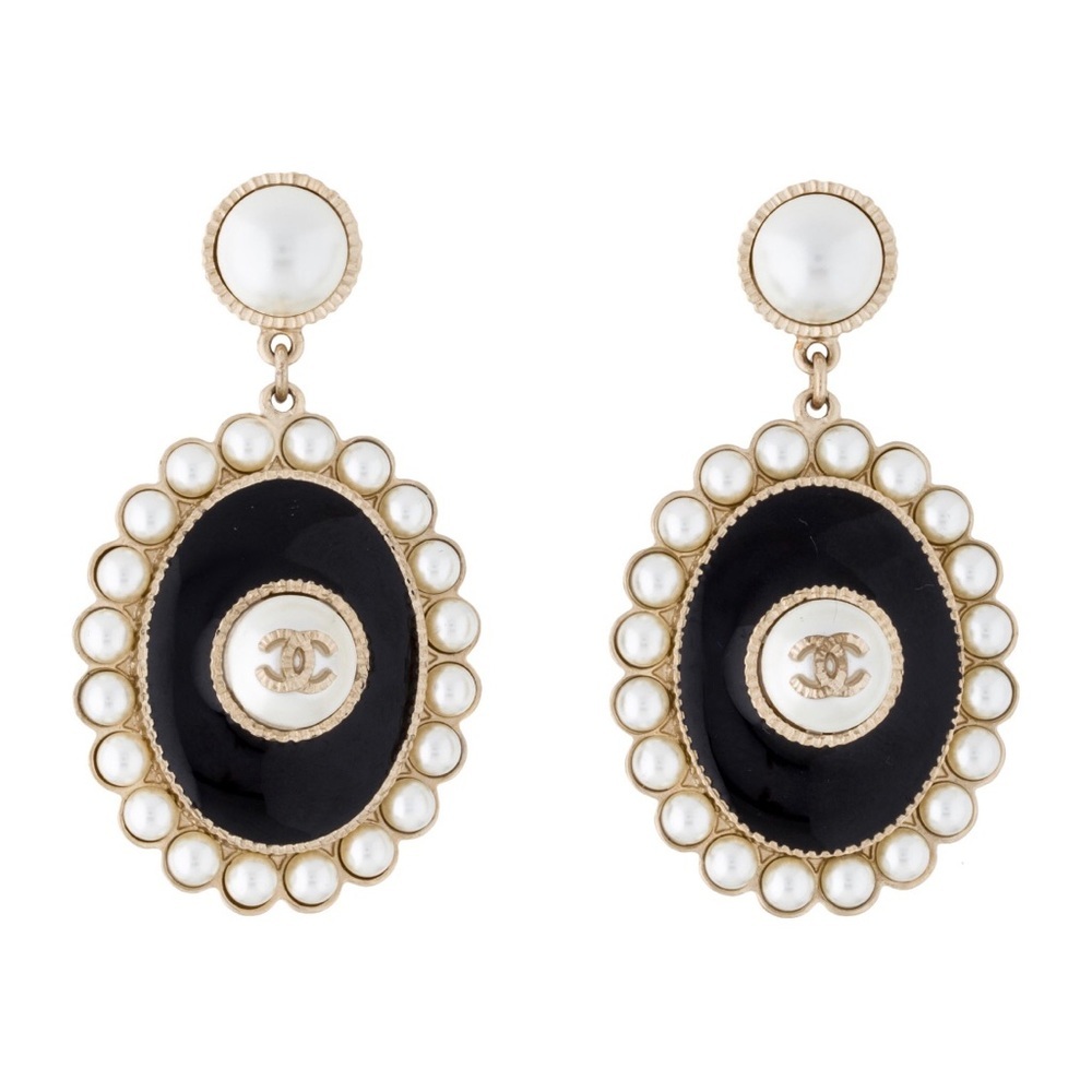 Chanel Faux Pearl & Enamel Dangle CC Earrings 2017